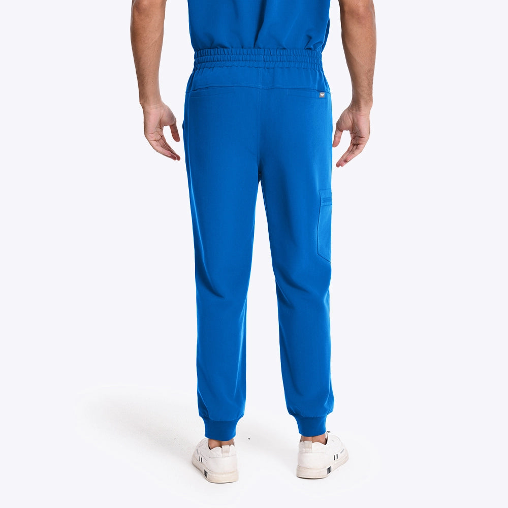 KungFu Scrubs men's royal blue scrub pants back view with elastic waist and jogger cuffs