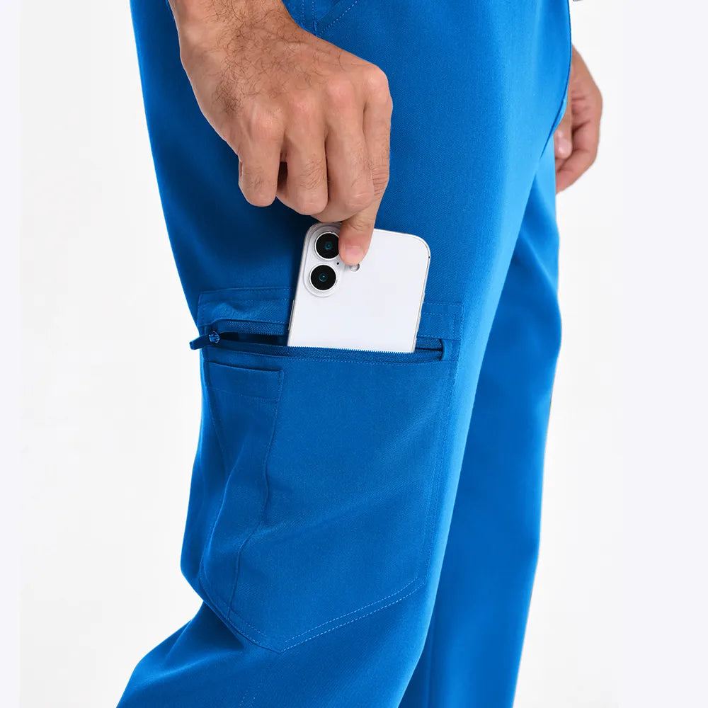 KungFu Scrubs men's royal blue scrub pants cargo pocket with zipper and phone storage