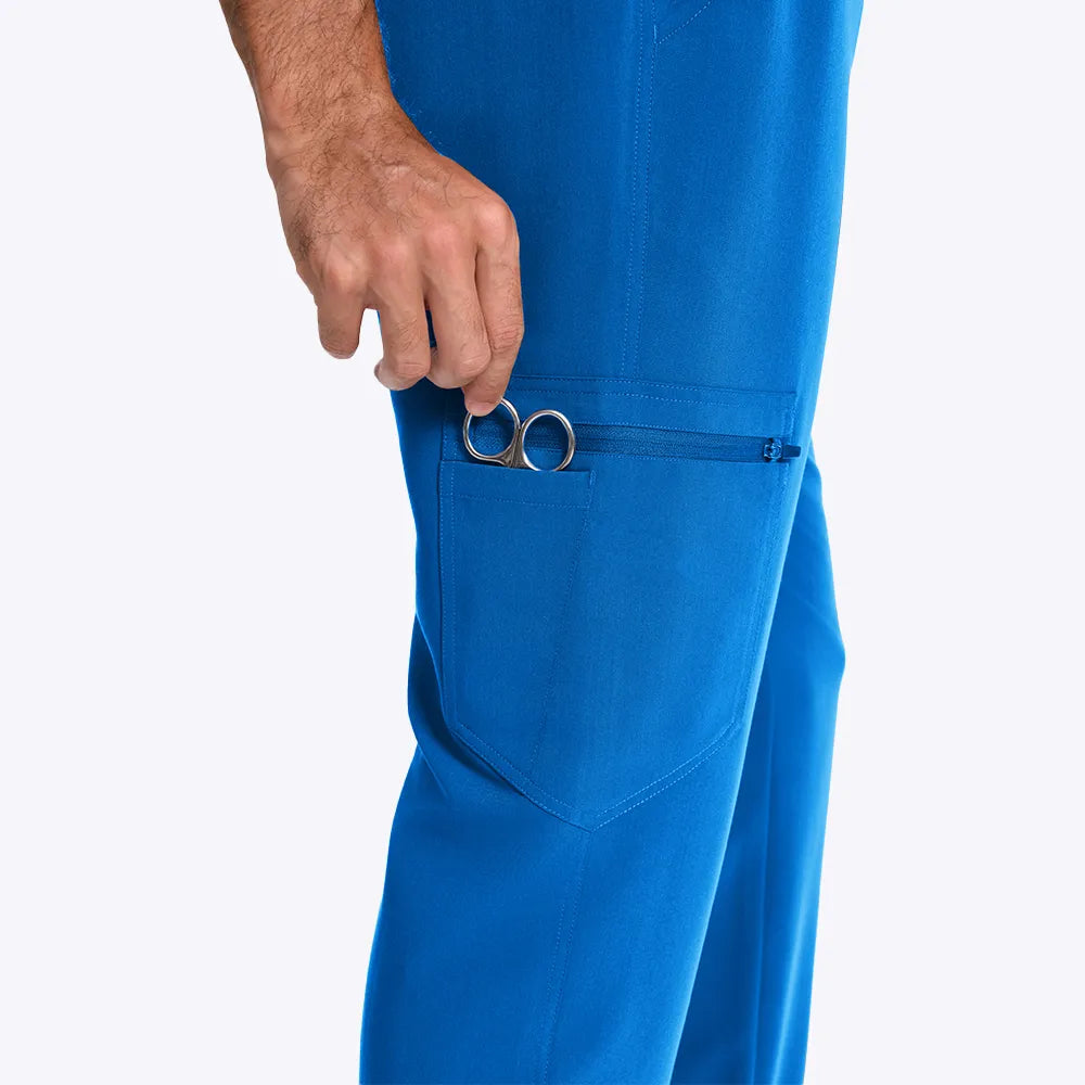 KungFu Scrubs men's royal blue scrub pants utility pocket with zipper detail
