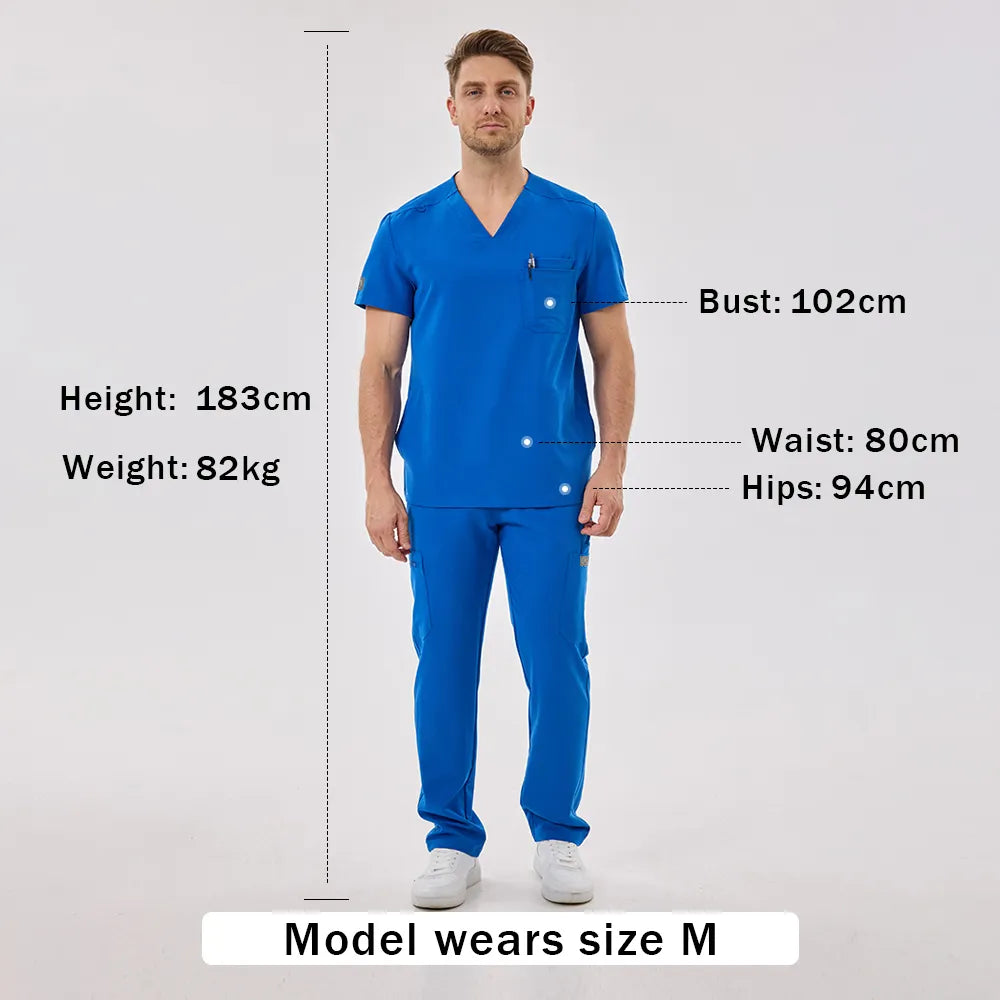 KungFu Scrubs men’s royal blue scrub set size guide with model measurements