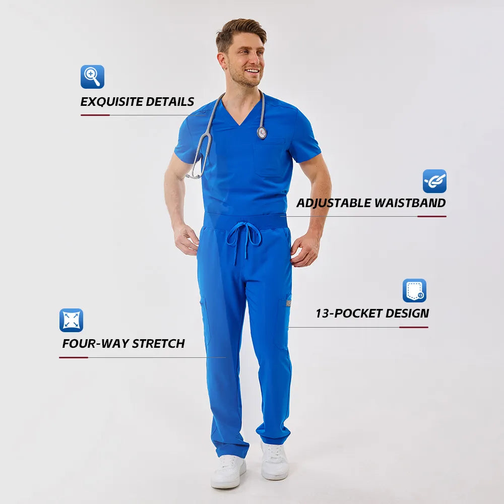 KungFu Scrubs men’s royal blue scrub set with adjustable waistband, 13-pocket design and four-way stretch