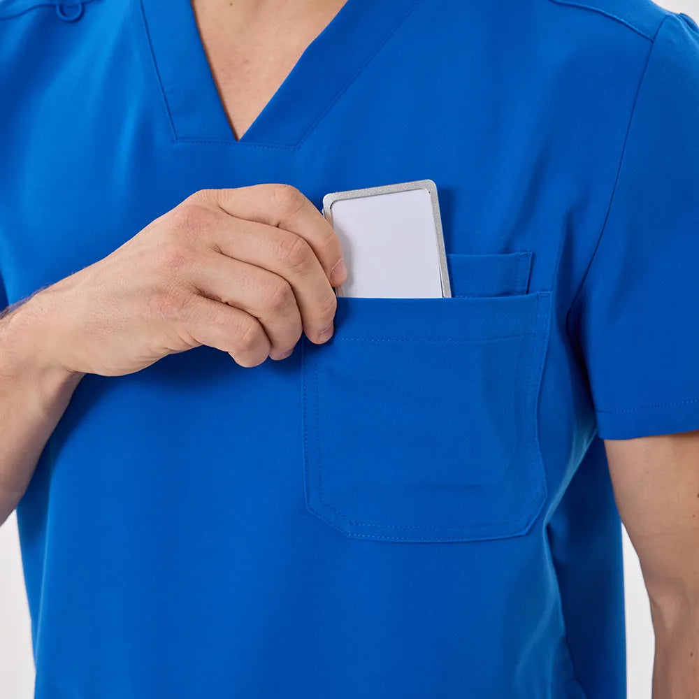 KungFu Scrubs men’s royal blue V-neck scrub top chest pocket close-up