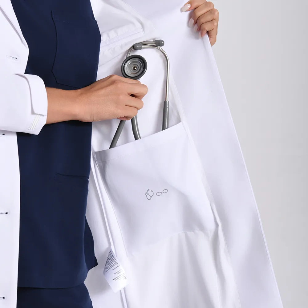 KungFu Scrubs women's long white lab coat back collar detail