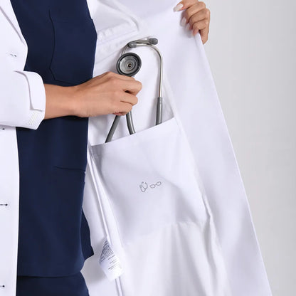 KungFu Scrubs women's long white lab coat back collar detail