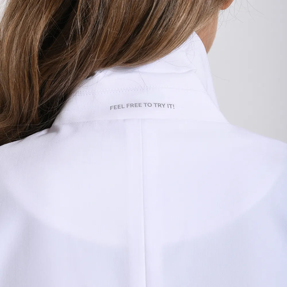 KungFu Scrubs women's long white lab coat professional fit for doctors and healthcare workers
