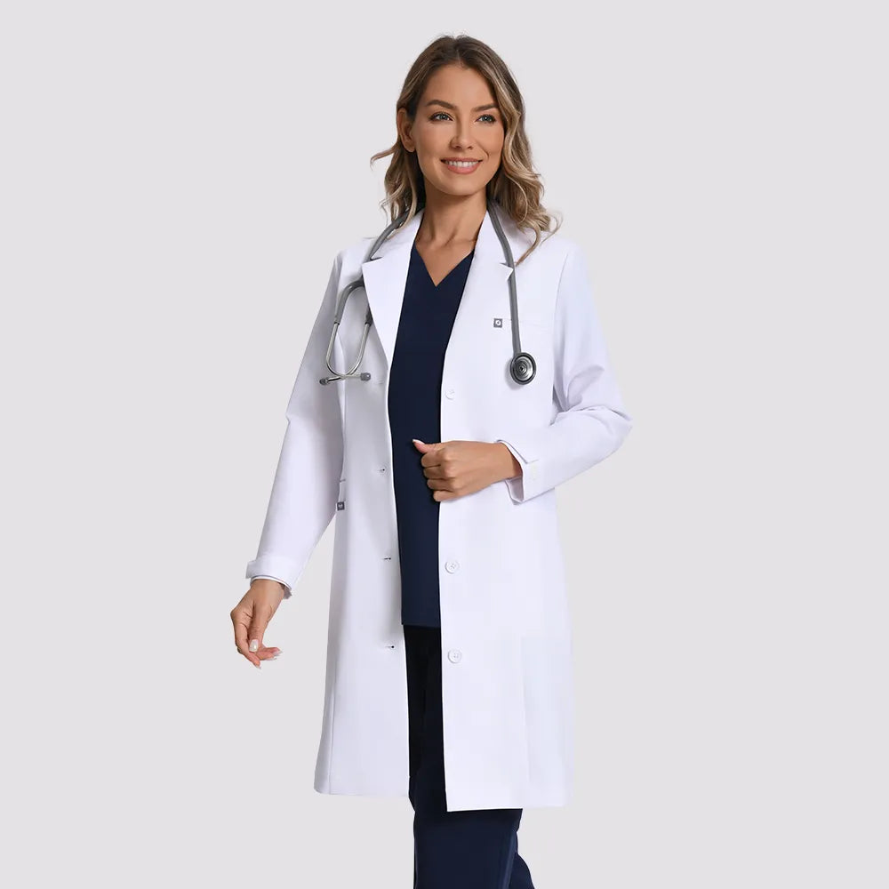 KungFu Scrubs women's white doctor coat with stethoscope front angled view