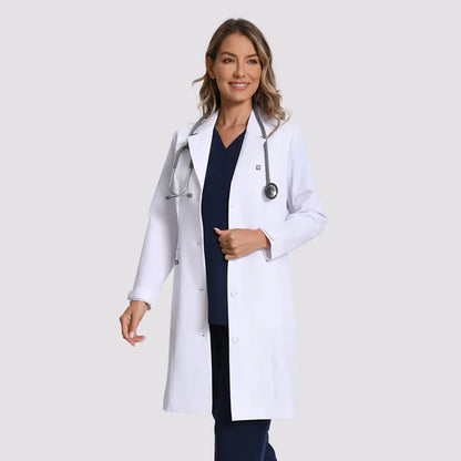 KungFu Scrubs women's white doctor coat with stethoscope front angled view