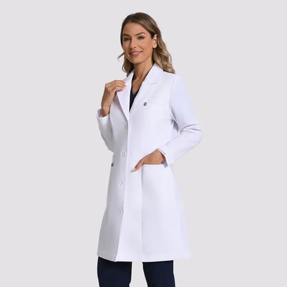 KungFu Scrubs women's long white lab coat side front view with pocket detail