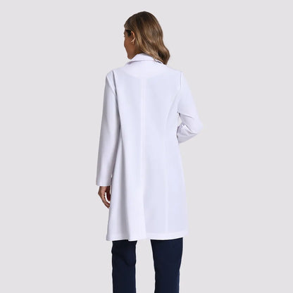 KungFu Scrubs women's long white lab coat full back view with professional fit