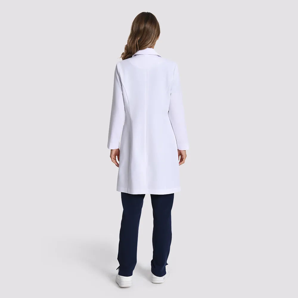 KungFu Scrubs women's lab coat chest pocket and lapel close-up