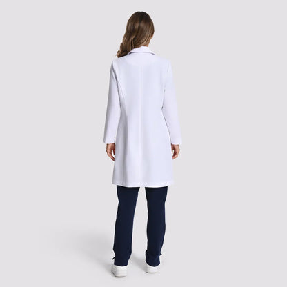 KungFu Scrubs women's lab coat chest pocket and lapel close-up