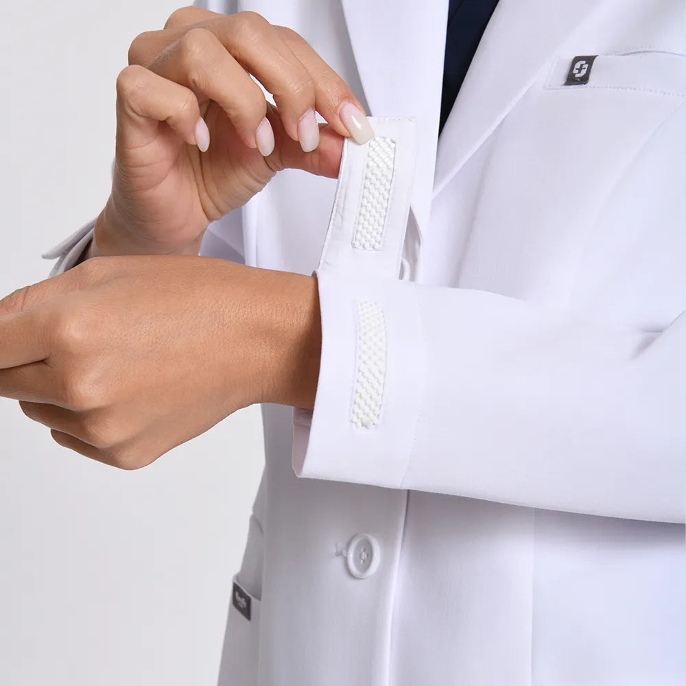 KungFu Scrubs women's white lab coat inner pocket with stethoscope storage