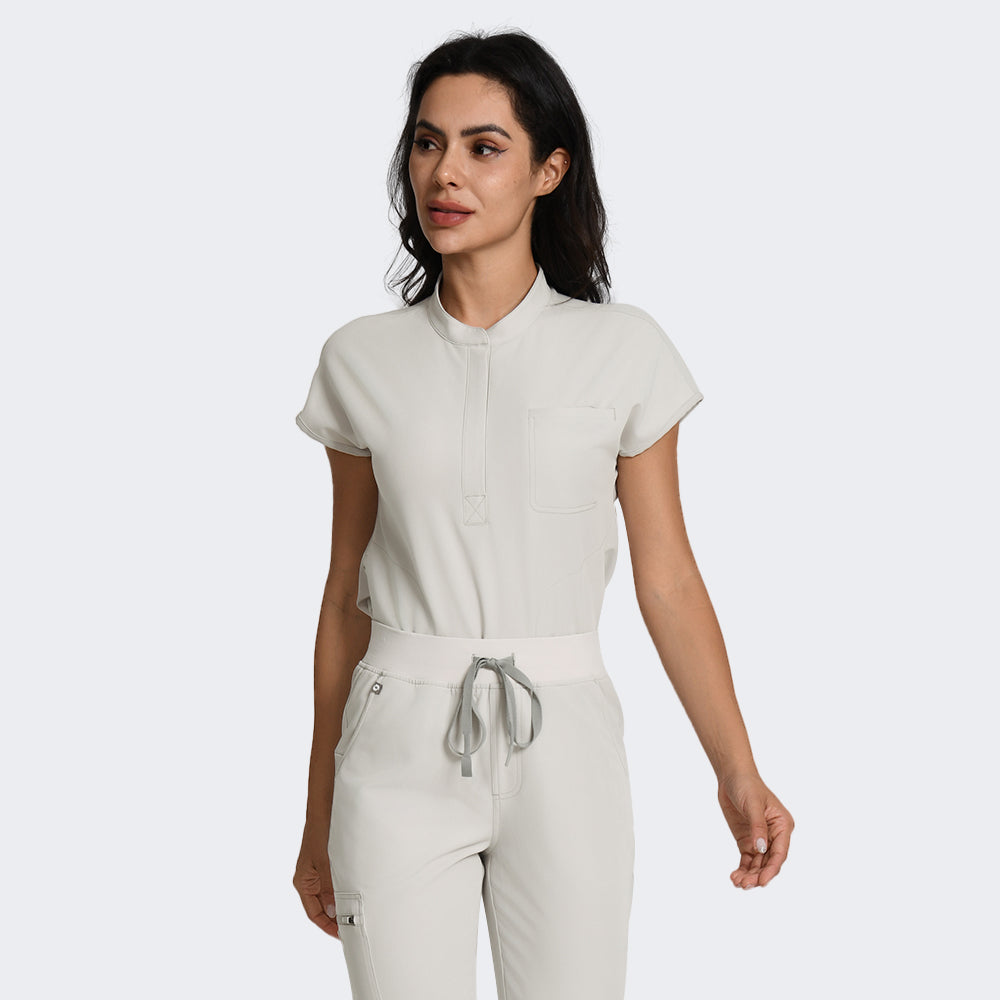 Greige Soft Fabric Stand Collar Scrub Set