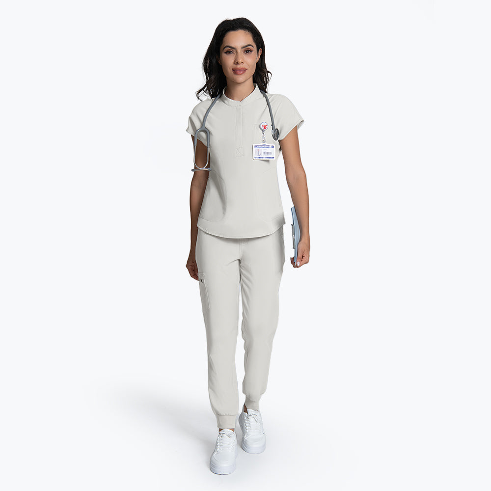 greige Multi-pocket scrub top