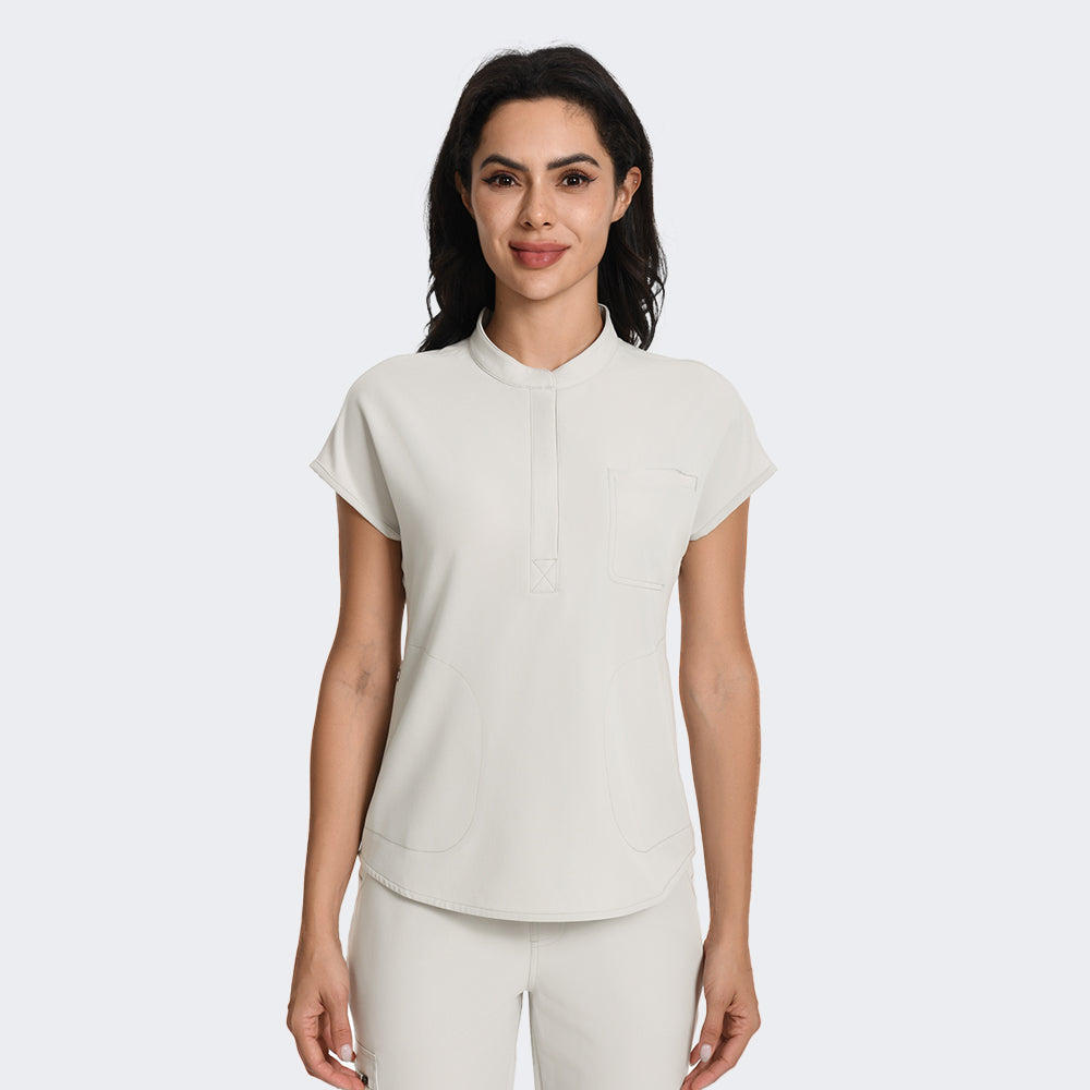 Greige Elegant Stand Collar Scrub Set Women